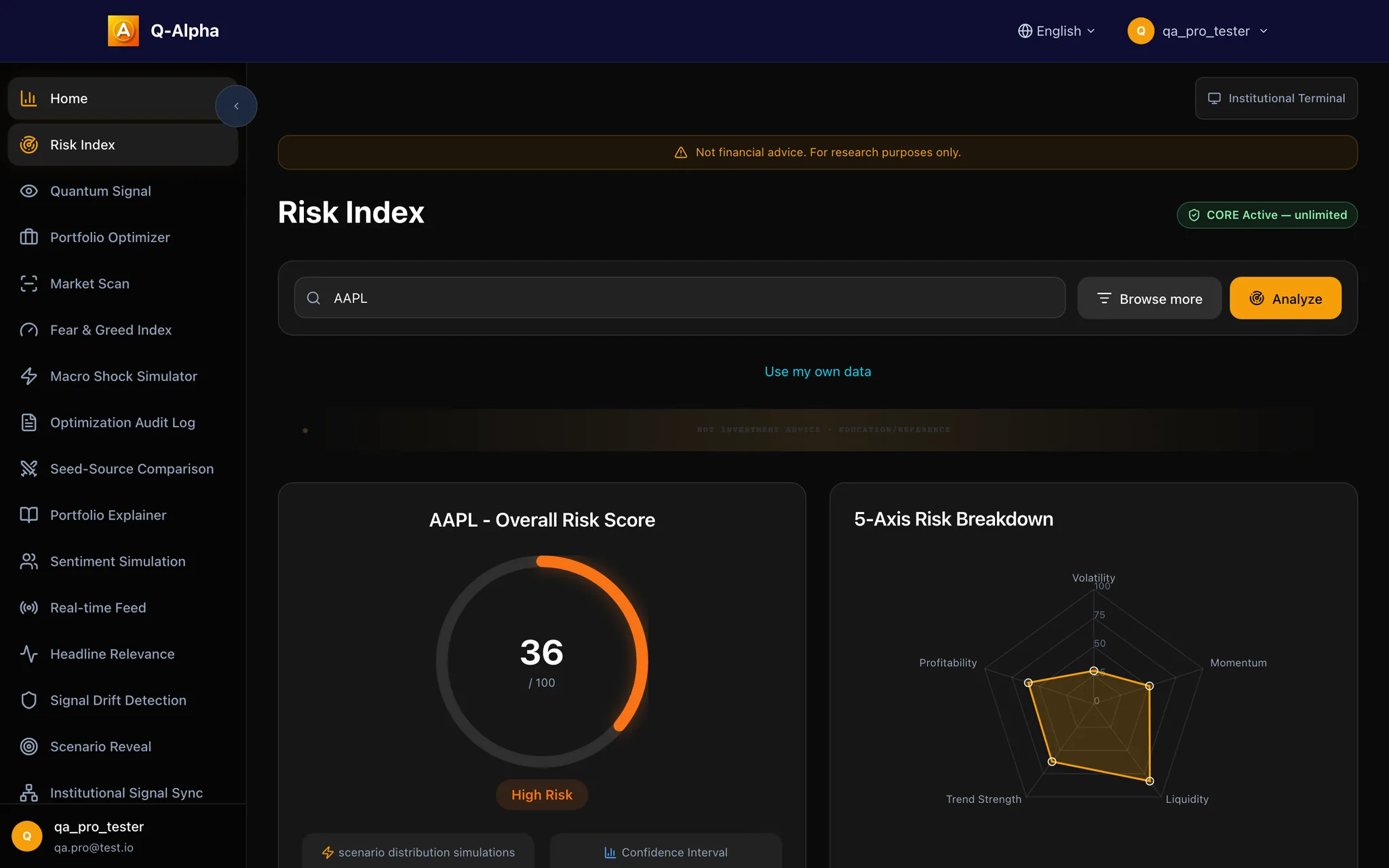 Q-Alpha Risk Index result for AAPL: overall risk score gauge and 5-axis risk radar, with the not-financial-advice notice